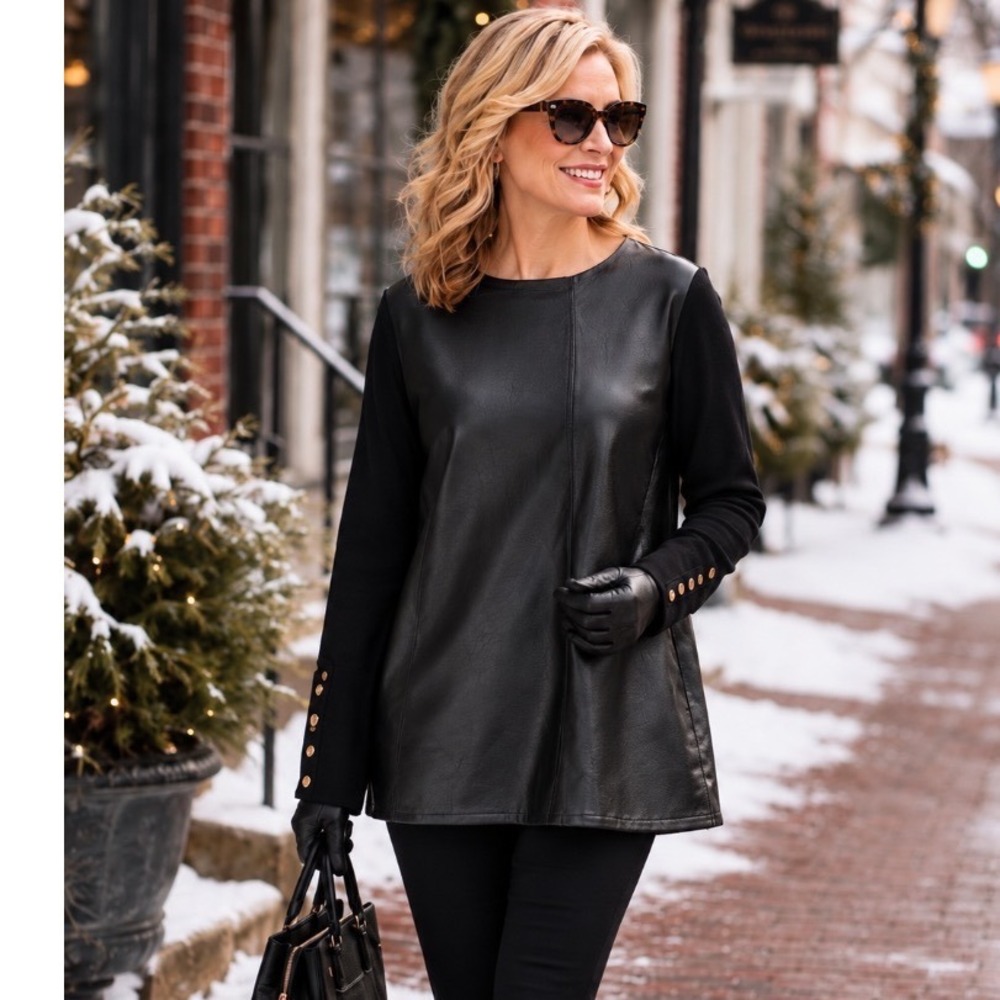 Marc New York Faux Leather Front Tunic Top Black Long Sleeve Gold Button Sz s
